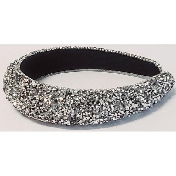 Headband 1" Sparkling Silver Clear Rhinestone Bling Black Lining Holiday Event - Picture 3 of 7